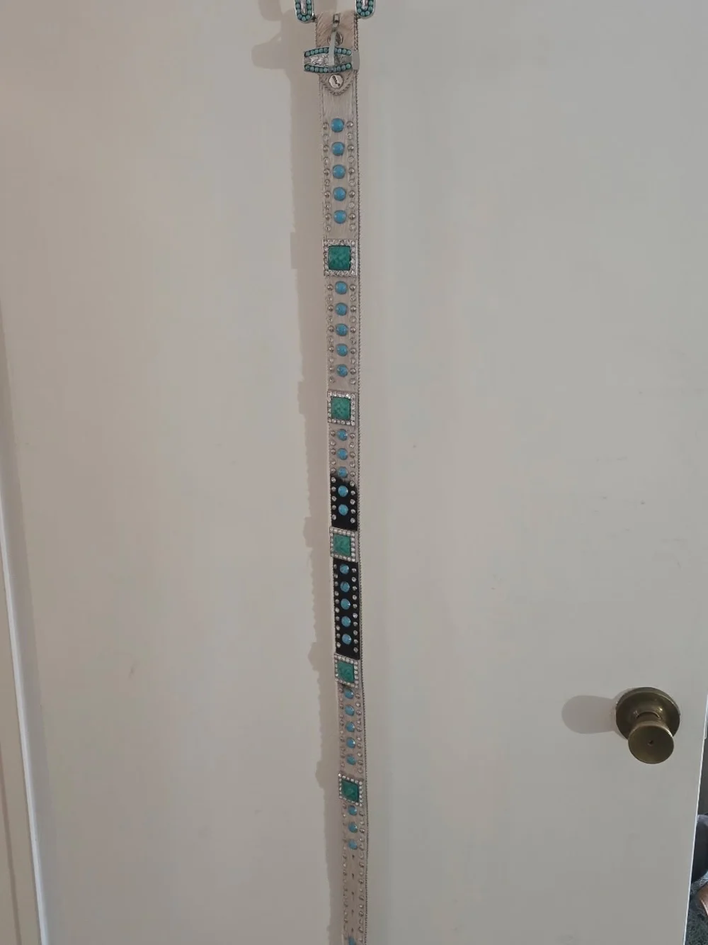 White Leather Belt with Turquoise & Black Gem Accents